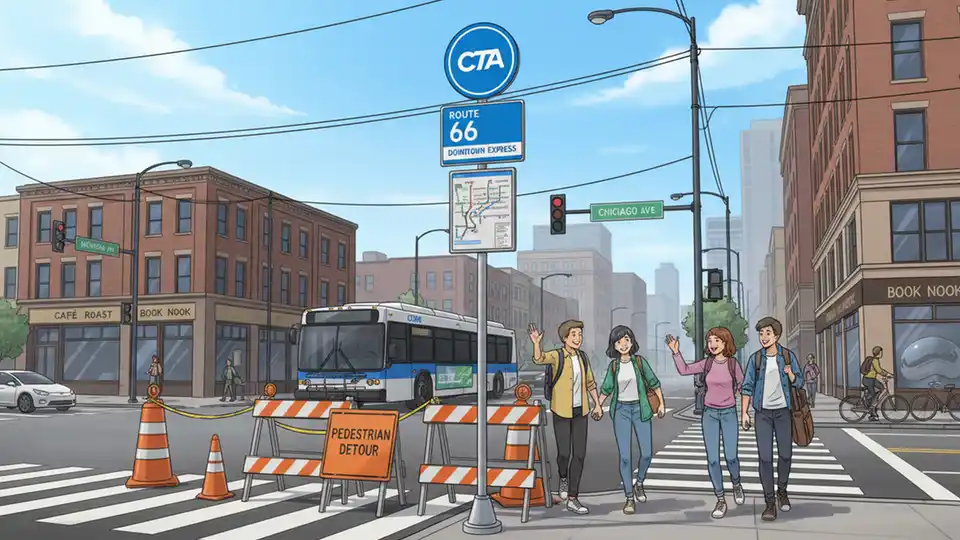 Chicago street intersection showing CTA bus stop sign with route information and nearby construction barriers