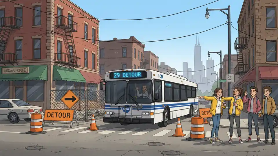 Chicago Transit Authority bus navigating detour route on South Side street, showing typical urban bus service during construction reroute