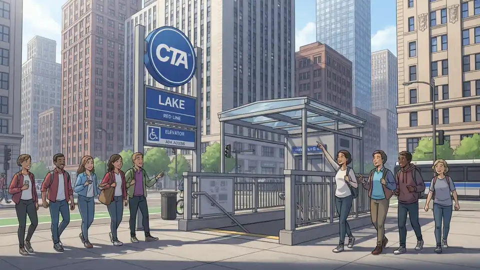CTA Red Line Lake Station entrance with elevator access signage visible, showing Washington/Randolph street-level entrance during daytime