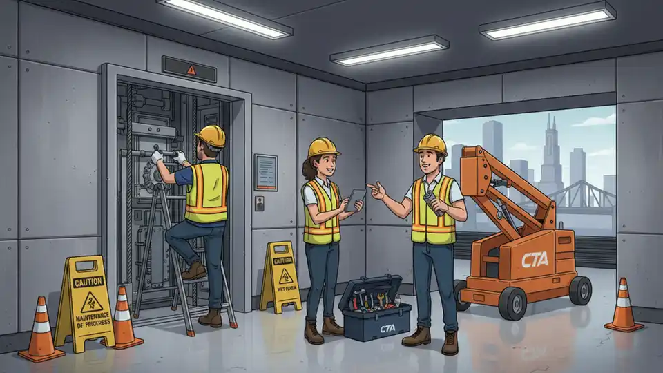CTA elevator maintenance work at subway station, showing repair crew and equipment near elevator shaft with caution signage