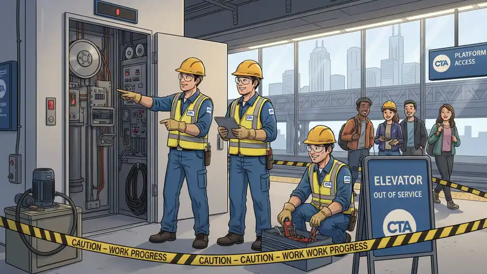 CTA maintenance crew working on elevator equipment at a Chicago rail station, showing technical repair work in progress