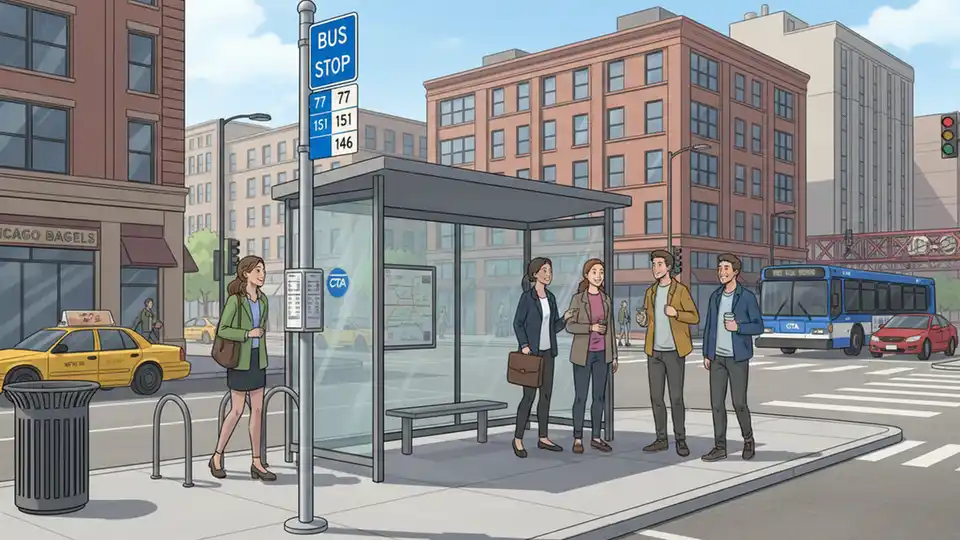 CTA bus stop sign and shelter at urban intersection in Chicago with route information displayed