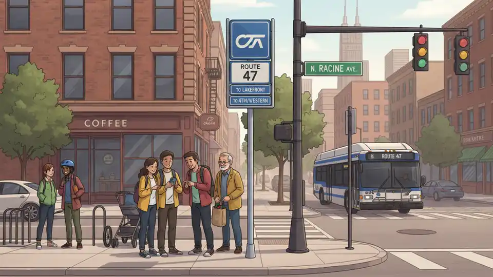 CTA bus stop sign for Route 47 with Chicago street intersection and traffic signals in urban neighborhood setting
