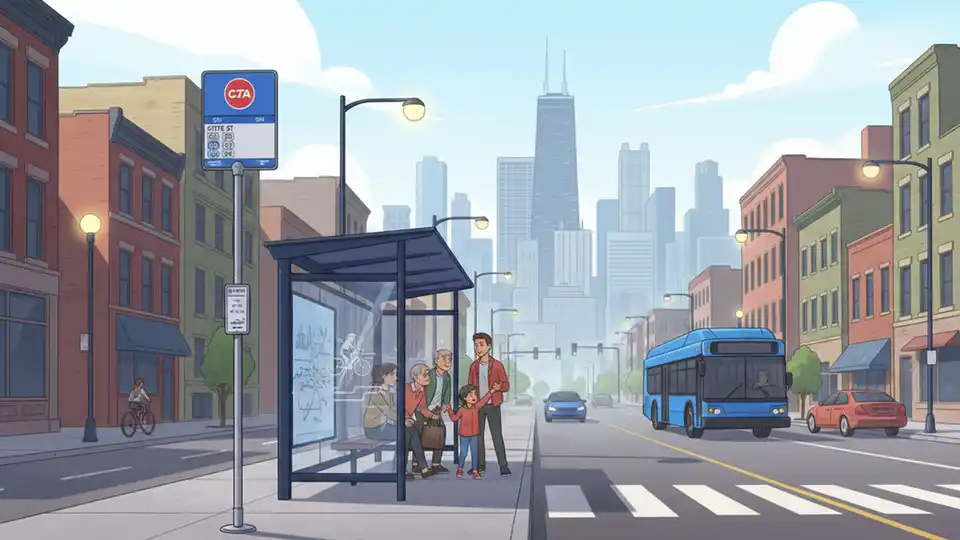 CTA bus stop sign and shelter on State Street in Chicago's South Side with downtown skyline visible in background
