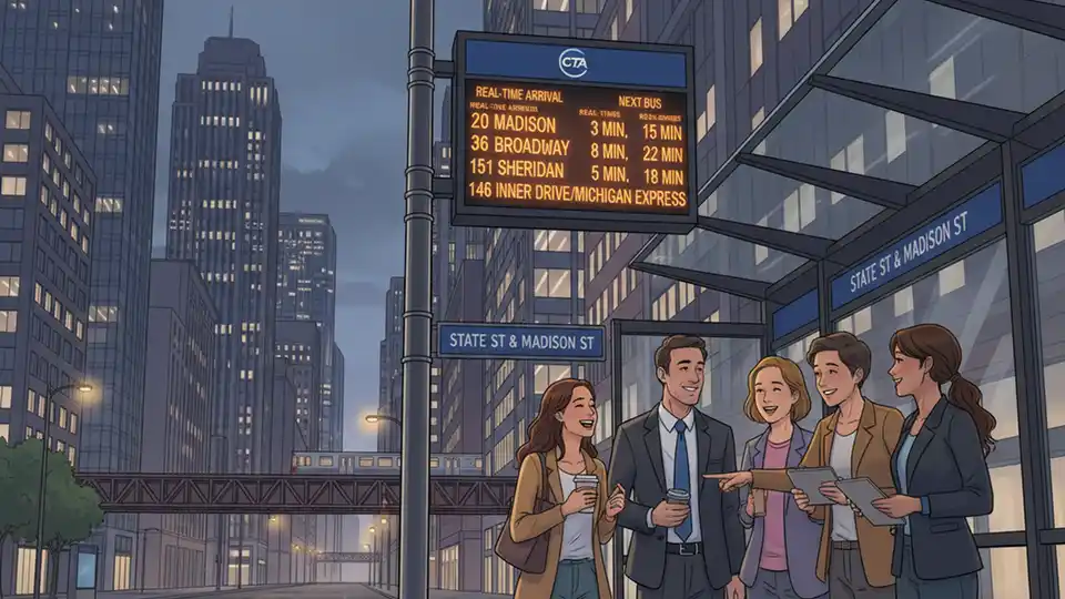 CTA bus schedule display showing evening departure times at downtown Chicago transit stop