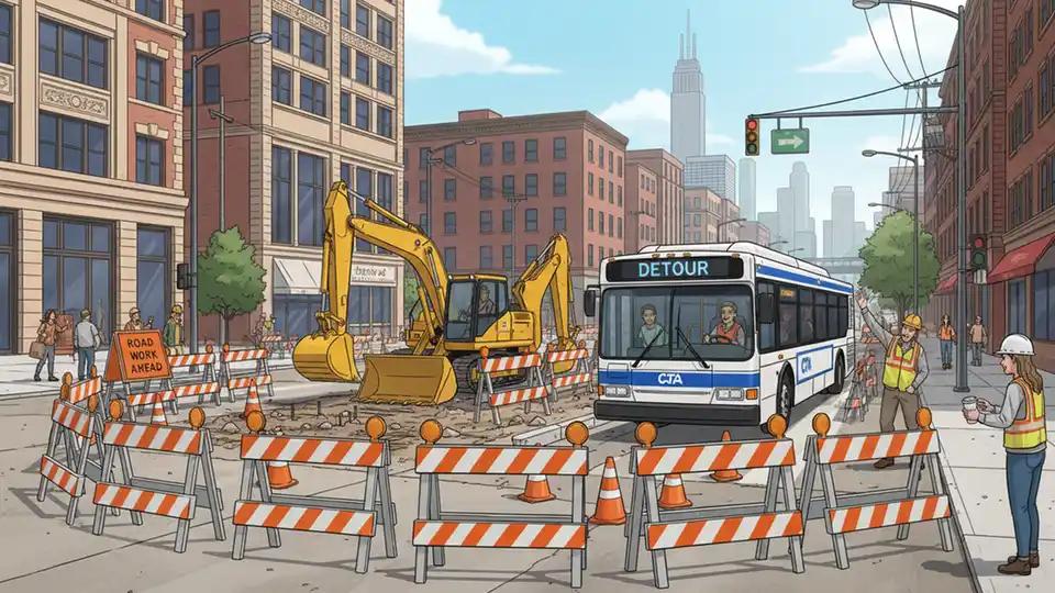 Construction barriers and equipment on a Chicago street with a CTA bus passing on a detour route