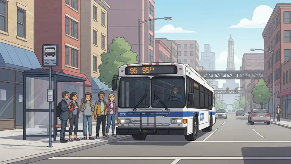 CTA Route 95 bus traveling along 95th Street in Chicago's South Side with passengers waiting at a bus stop