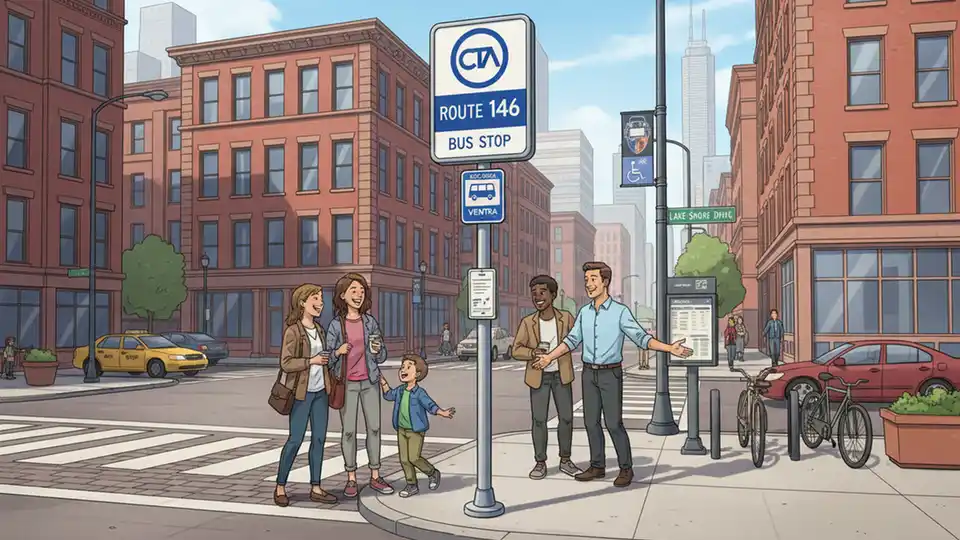 Chicago Transit Authority bus stop sign and pole at street corner with CTA route number visible, urban streetscape background