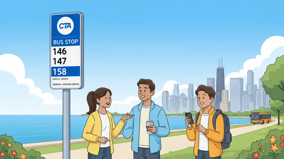 CTA bus stop sign on Inner Lake Shore Drive with route numbers displayed