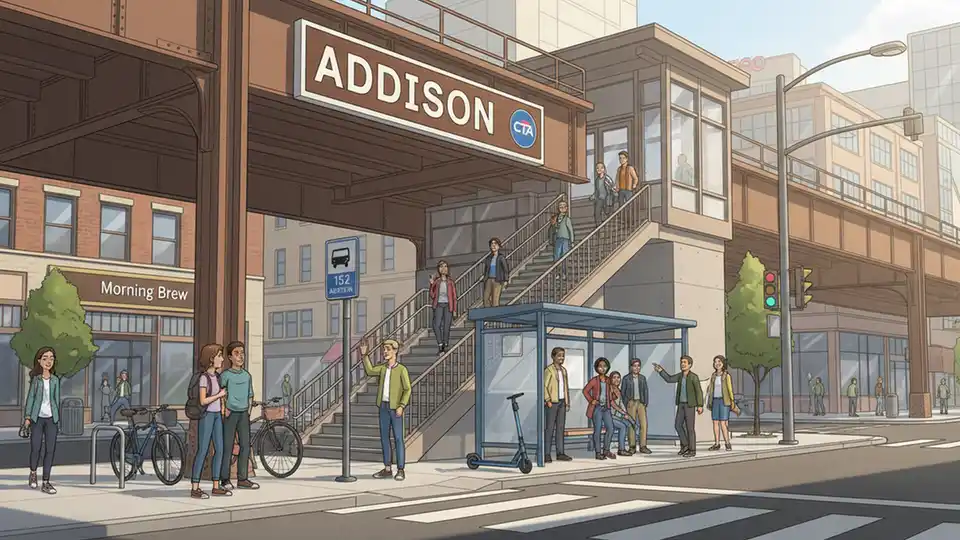 CTA Addison Brown Line station entrance on Chicago's North Side with street-level bus stop visible nearby. Alt text: CTA Addison Brown Line station entrance with bus stop for route 152 Addison service. Composition: Exterior view showing station entrance signage and adjacent bus boarding area, highlighting the consolidated stop location.