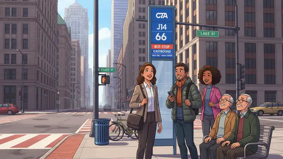 CTA bus stop sign at downtown intersection with passengers waiting