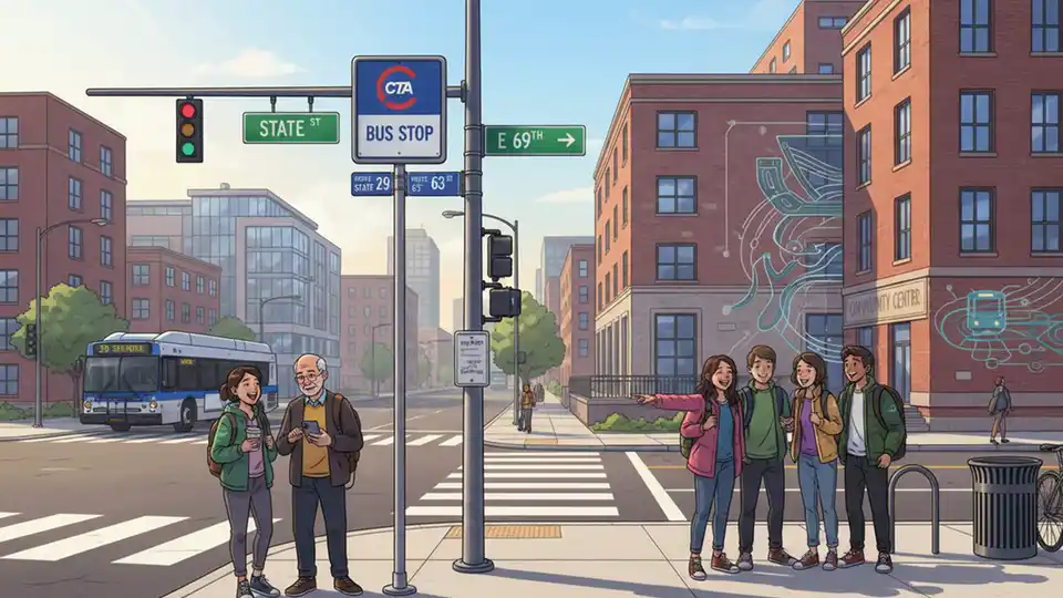 CTA bus stop sign at urban street corner intersection with State Street and 69th Street visible