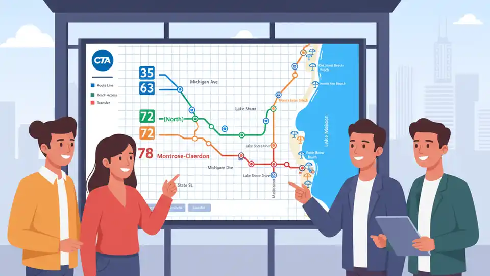 CTA route map showing Routes 35, 63, 72, and 78 with beach destination markers along Chicago's lakefront, clear wayfinding graphics