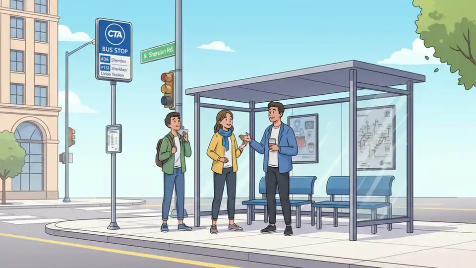 CTA bus stop sign and shelter on Chicago street corner with route information posted