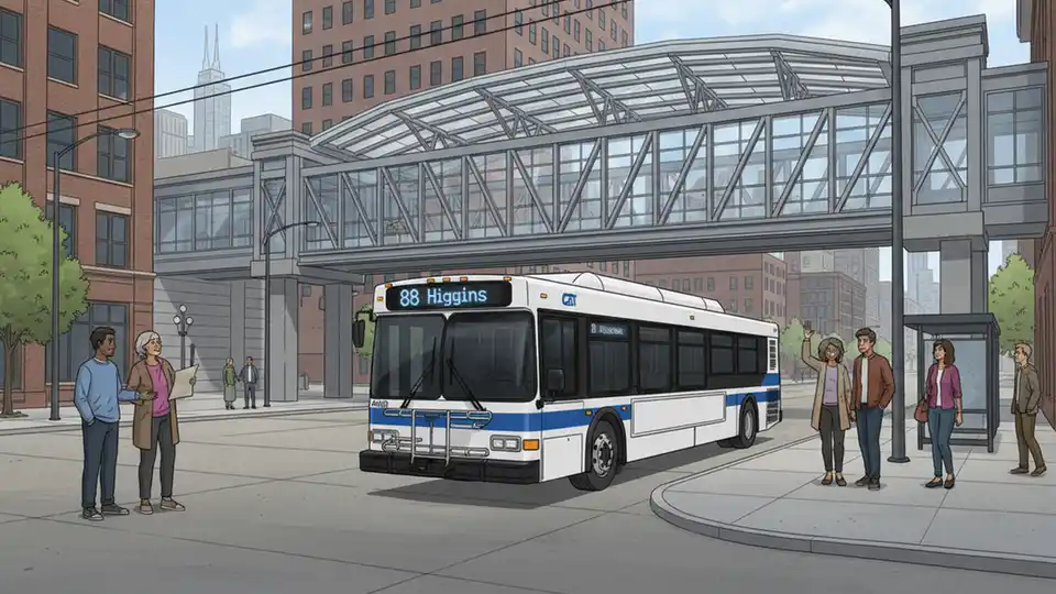 CTA bus route 88 Higgins approaching Harlem Blue Line station with bus bridge visible in background. Alt text: Chicago CTA bus route 88 at Harlem Blue Line station bus bridge. Composition: Front three-quarter view showing bus number and destination sign clearly, with renovated bus bridge structure in frame.
