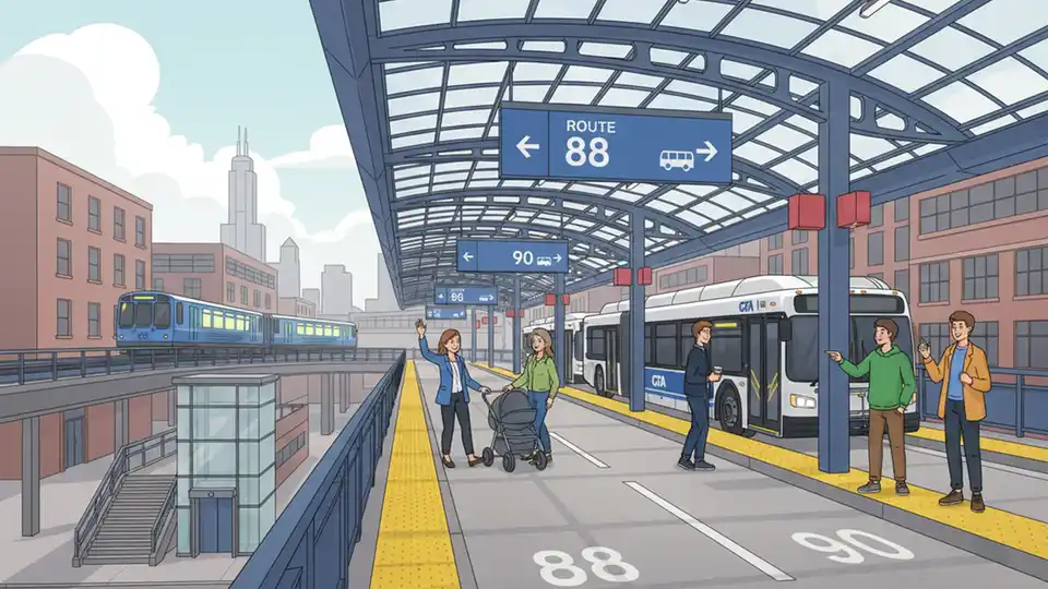 Harlem Blue Line station bus bridge showing multiple bus bays with clear signage and boarding areas. Alt text: CTA Harlem Blue Line station bus bridge with designated bus bays for routes 88 and 90. Composition: Wide angle showing bus bridge structure with north and center bus bays visible, emphasizing organized boarding areas and wayfinding signage.