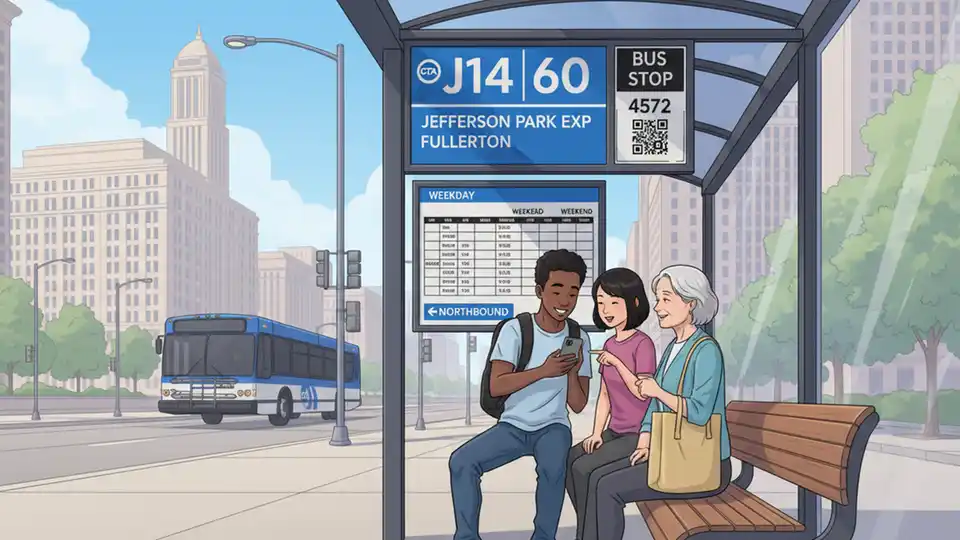CTA bus route sign and schedule display at Chicago transit shelter