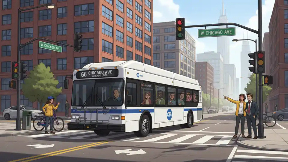 Chicago Transit Authority bus at intersection with traffic signals and street signs visible