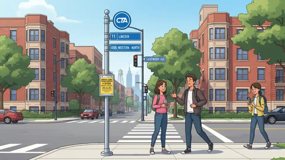 CTA bus stop sign at Western and Eastwood intersection in Chicago with route numbers 11 and 49B displayed, showing temporary service notice