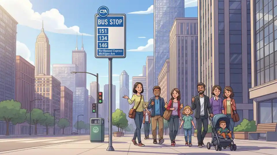 Chicago Transit Authority bus stop sign showing route numbers and directional information, street-level view with downtown buildings