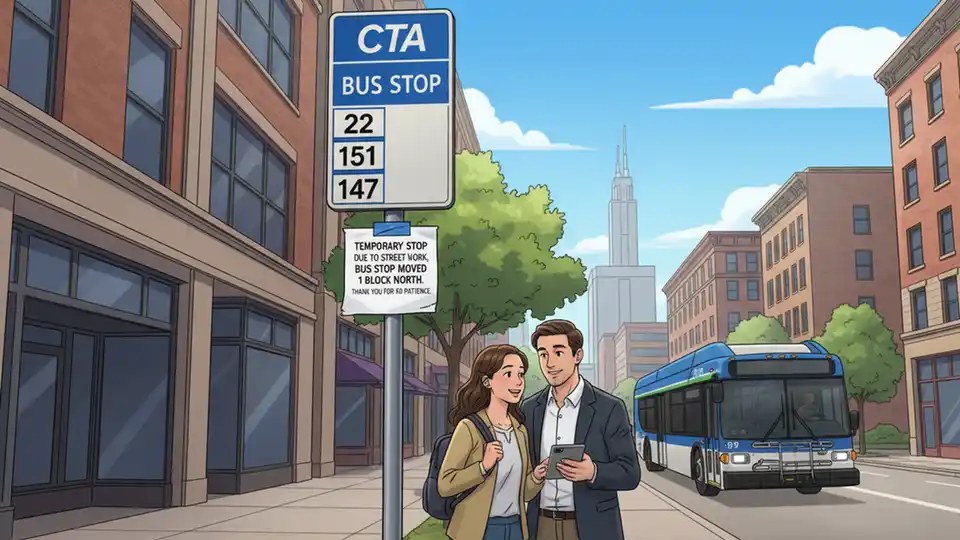 Chicago Transit Authority bus stop sign with route numbers and temporary closure notice posted