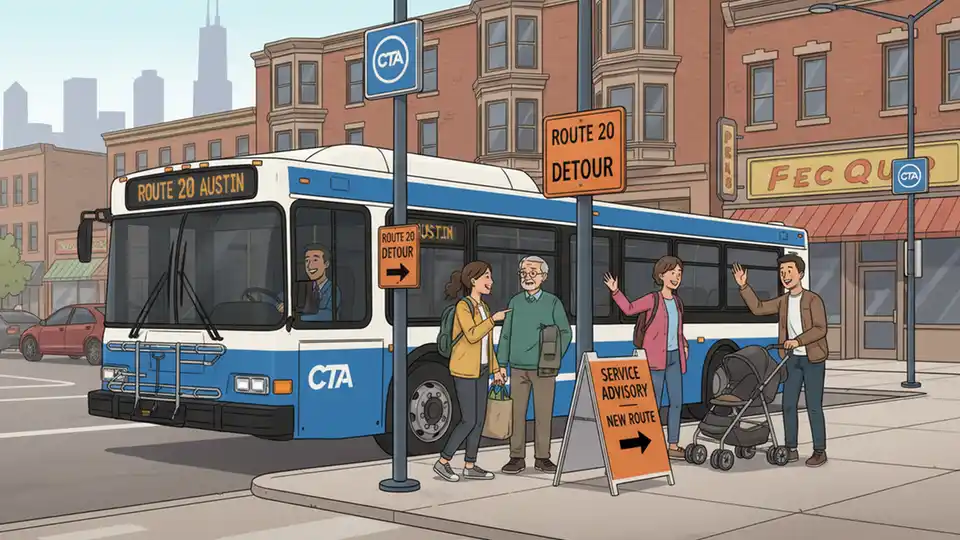 CTA bus at a West Side stop with route detour signage visible