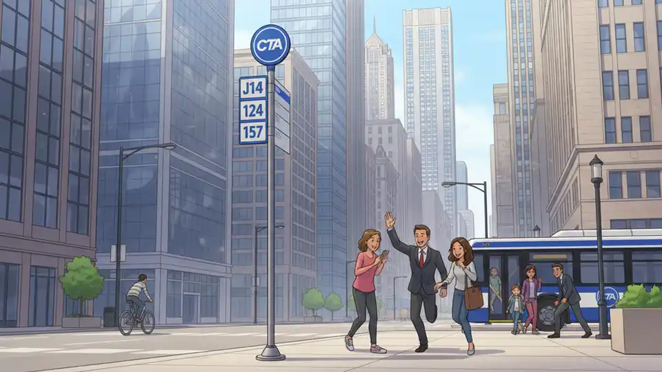 CTA bus stop sign on Jefferson Street in downtown Chicago with city buildings in background