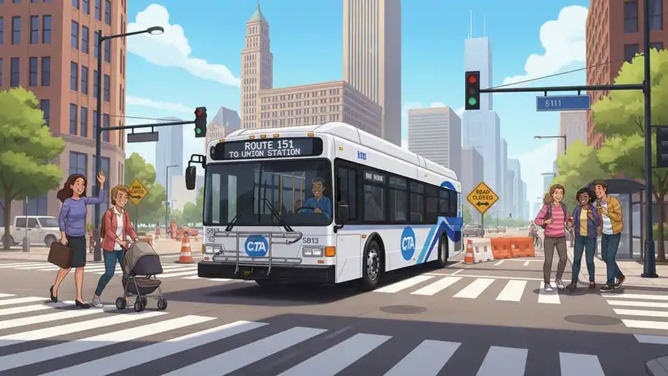 Chicago Transit Authority bus at downtown intersection with construction barriers and detour signage visible in background