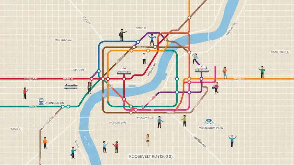 Chicago Transit Authority route map showing downtown street grid with Roosevelt Road and Chicago River