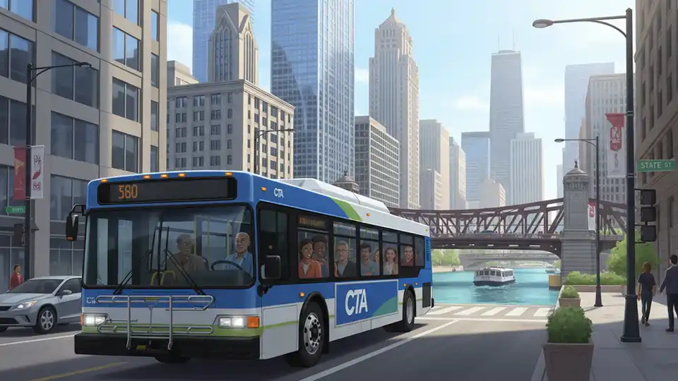 CTA bus traveling on downtown Chicago street near the Chicago River with Roosevelt Bridge visible in background