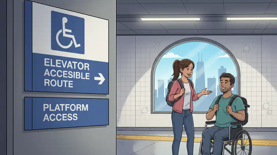 CTA elevator and accessibility signage inside a Chicago transit station, showing wayfinding information for riders needing accessible routes. Alt text: CTA elevator accessibility signage Chicago transit station wayfinding. Composition: Close-up of elevator and accessible route signage, highlighting accessibility features in CTA stations.