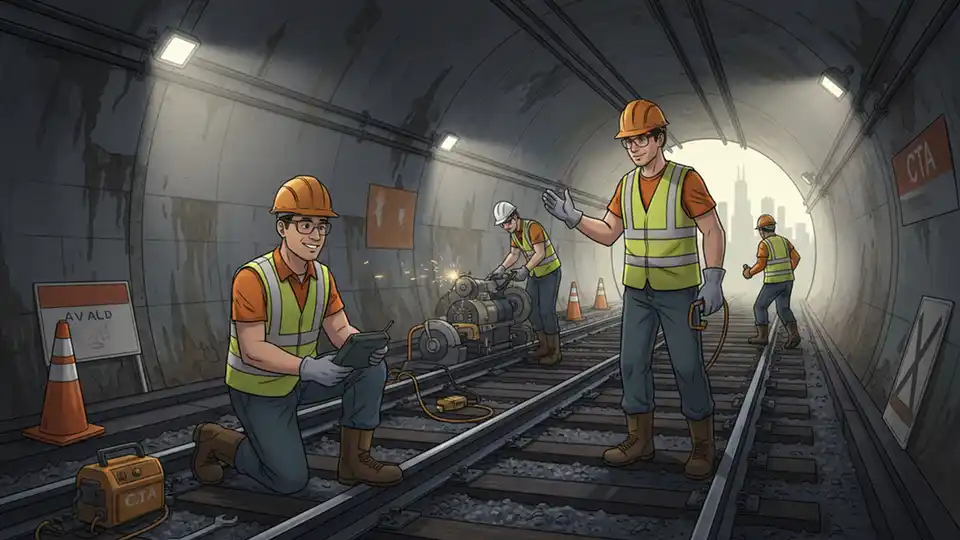 CTA track maintenance crew working on subway rails with safety equipment and lighting in downtown Chicago tunnel