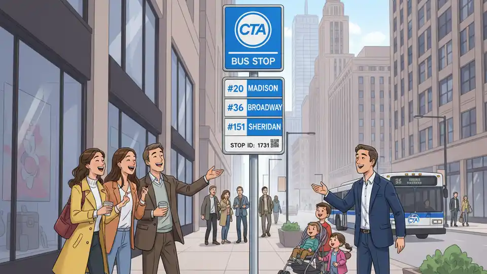Chicago Transit Authority bus stop sign in downtown area with route information displayed
