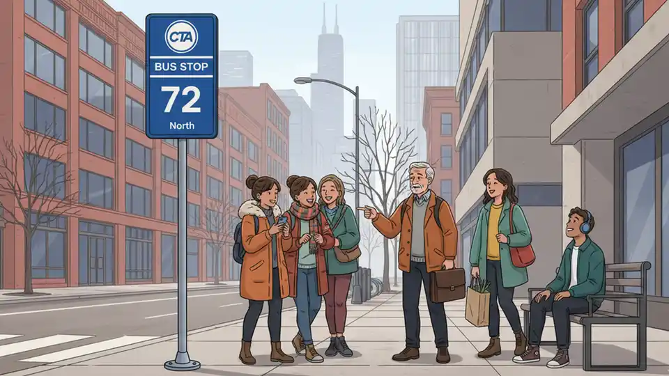 CTA bus stop sign showing route 72 with passengers waiting