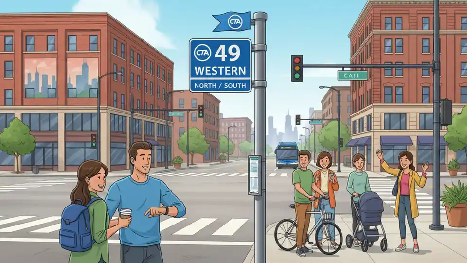 CTA bus stop sign showing route number 49 Western with street intersection in background