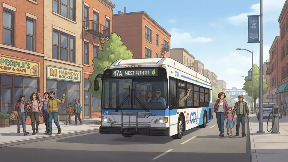 CTA bus on Chicago's South Side street with urban storefronts and residential buildings visible in background
