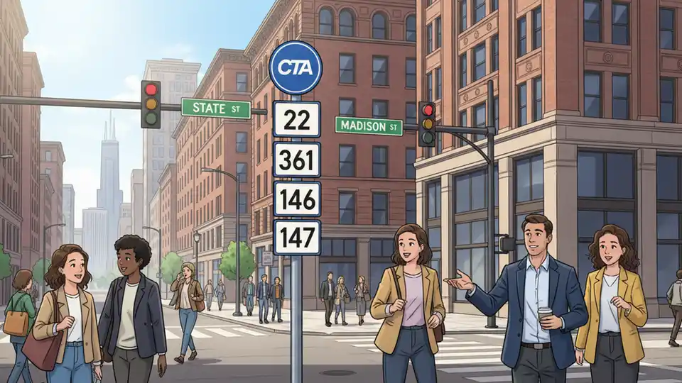 CTA bus stop sign showing route numbers with Chicago street intersection in background during daytime