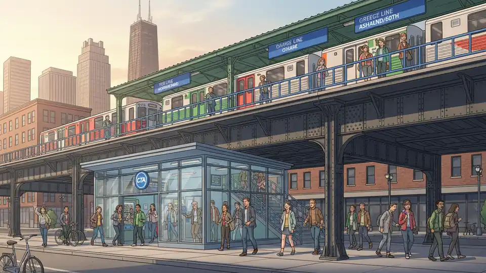 CTA Roosevelt station entrance and platform area showing elevated track structure