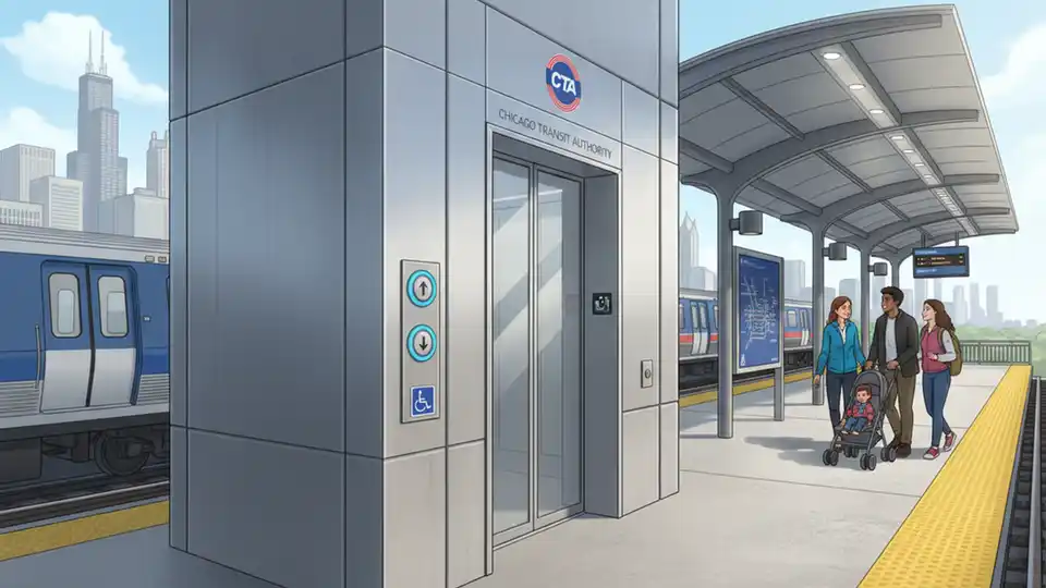 CTA elevator at rail station platform showing accessible entrance and call buttons, with train platform visible in background