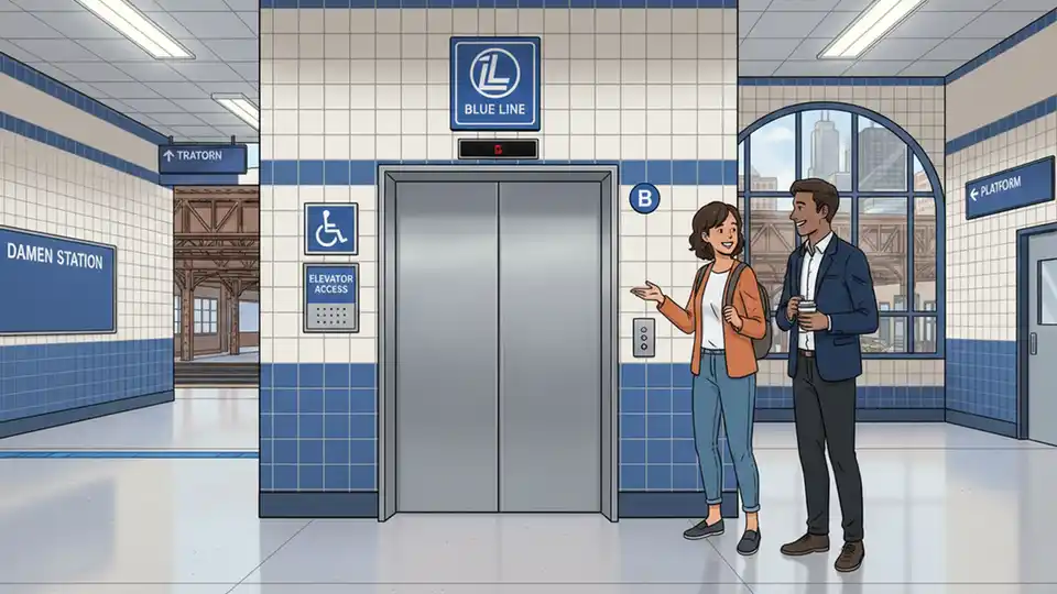 CTA elevator at rail station showing elevator doors and accessibility signage with Blue Line branding