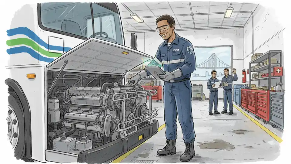 AC Transit mechanic working on bus engine in maintenance facility