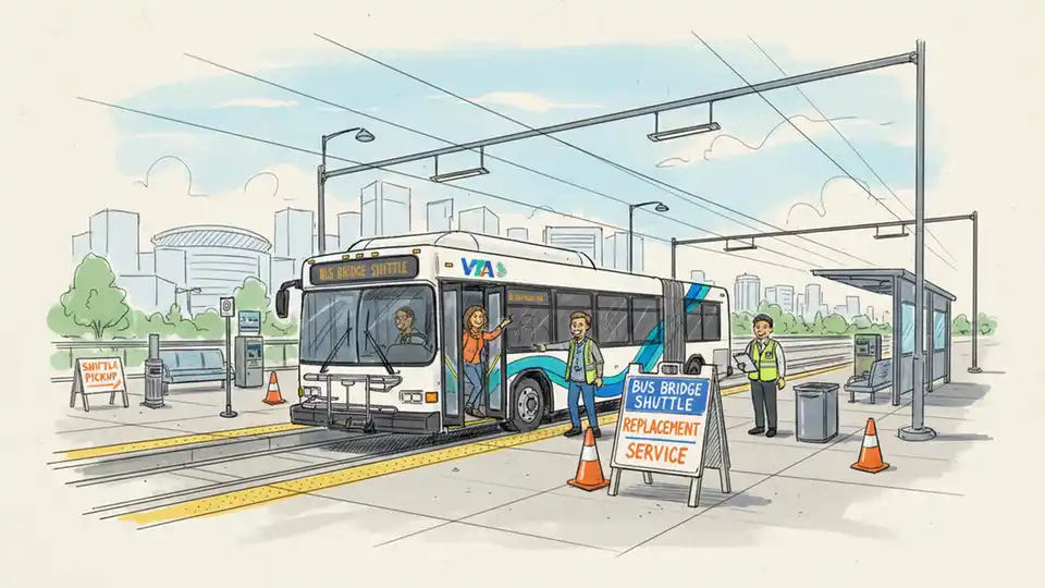 VTA bus bridge shuttle at light rail station with transfer signage visible