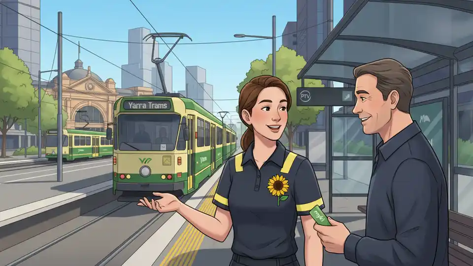 Transit employee wearing sunflower badge assisting passenger at tram platform, showing inclusive customer service interaction
