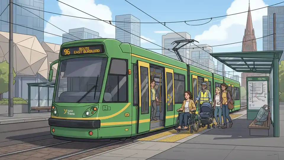 Melbourne Yarra Trams vehicle at city stop with passengers boarding, showing accessible entrance and customer service staff