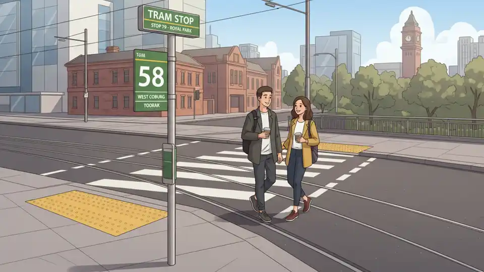 Melbourne tram stop sign with Route 58 service information and pedestrian crossing in background