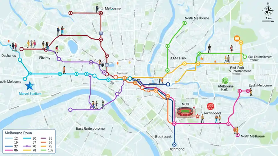 Melbourne tram route map showing routes 12, 19, 30, 35, 57, 70, 75, 86, and 109 with sporting venue locations marked