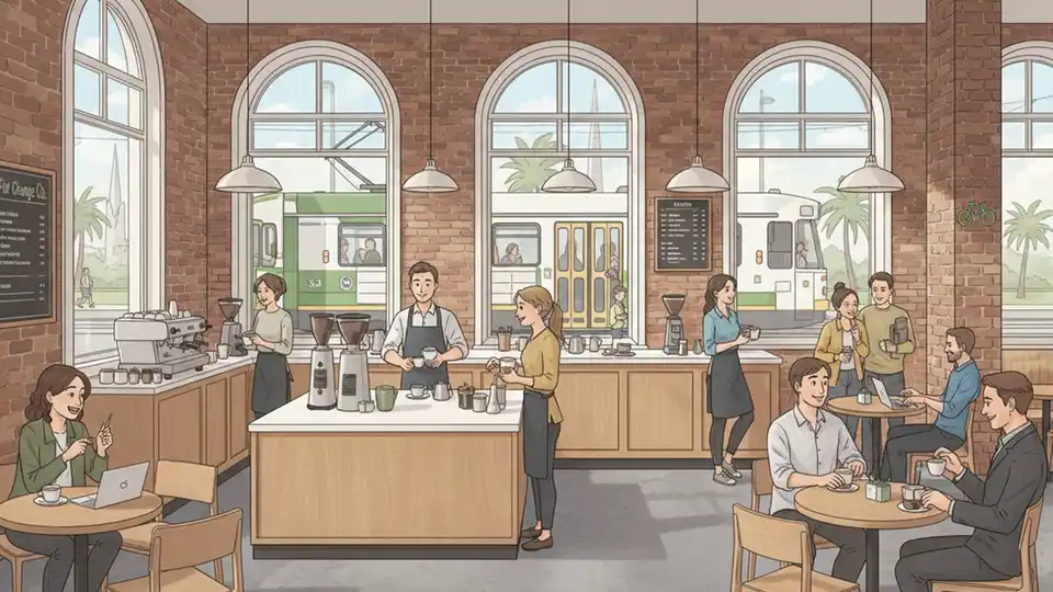 Interior of For Change Co. café inside Middle Park tram station building showing counter, barista equipment, and customers, with tram visible through windows