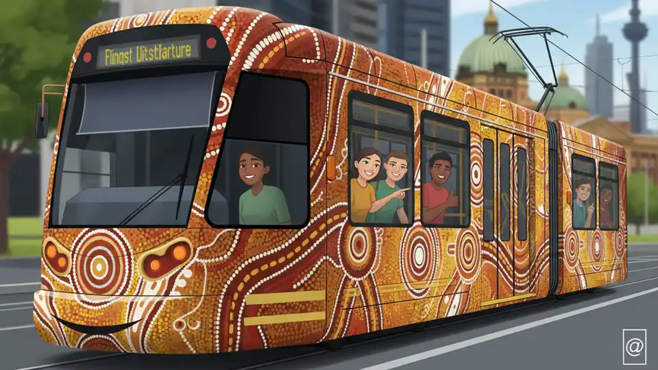 Close-up detail of Indigenous artwork on tram exterior showing intricate patterns and vibrant colors representing First Peoples' cultural stories