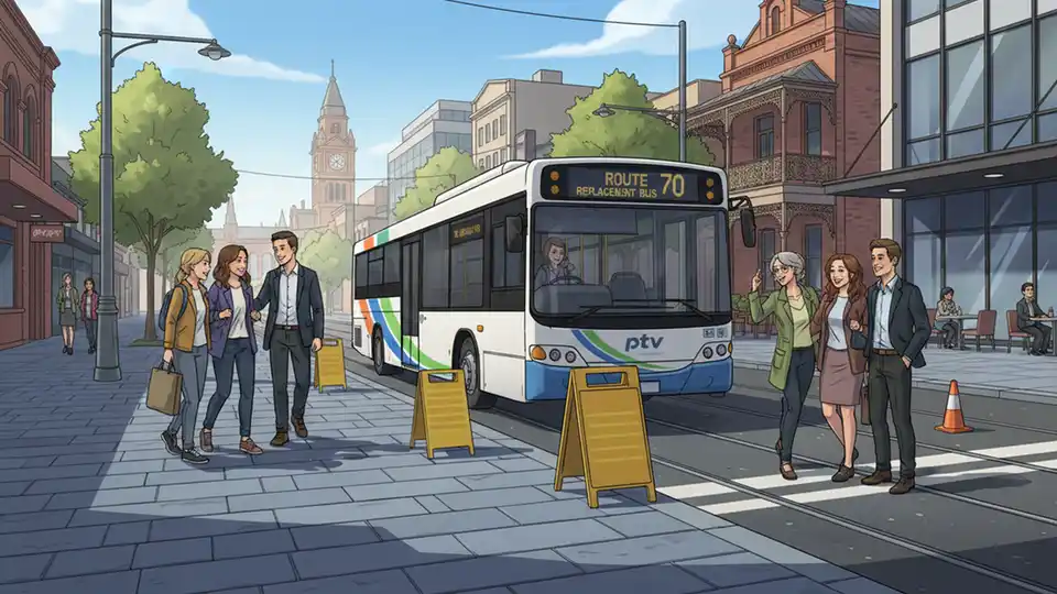 Replacement bus at temporary stop with Route 70 signage and passengers waiting on Melbourne street