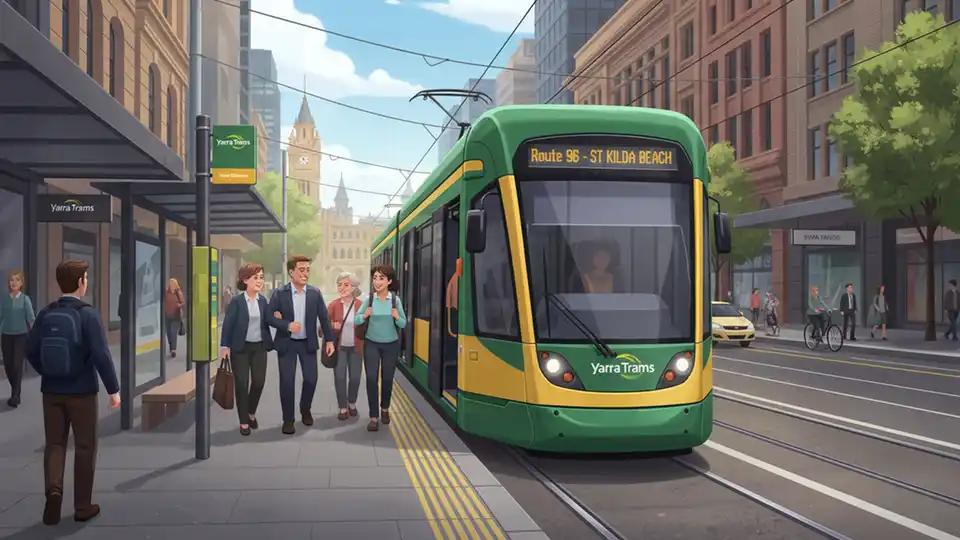 Yarra Trams vehicle at Melbourne city center stop with passengers boarding